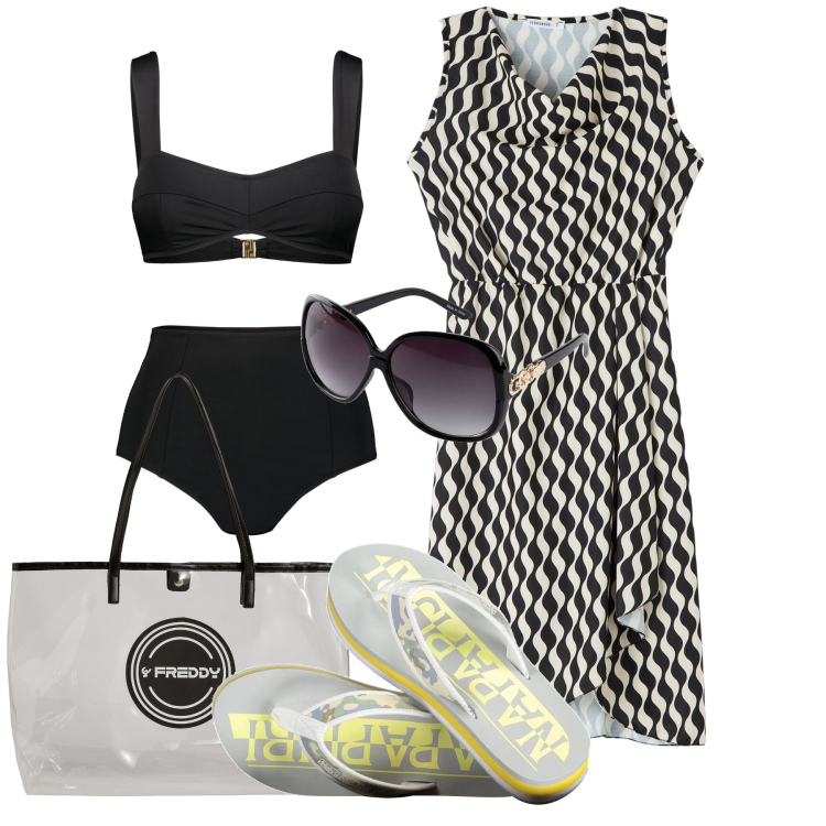 Outfit donna - Ghost outfitter - giugno. Stile Bon Ton per Mare. Abbinamento con occhiali da sole, vestiti corti, shopping bag, bikini, infradito.
