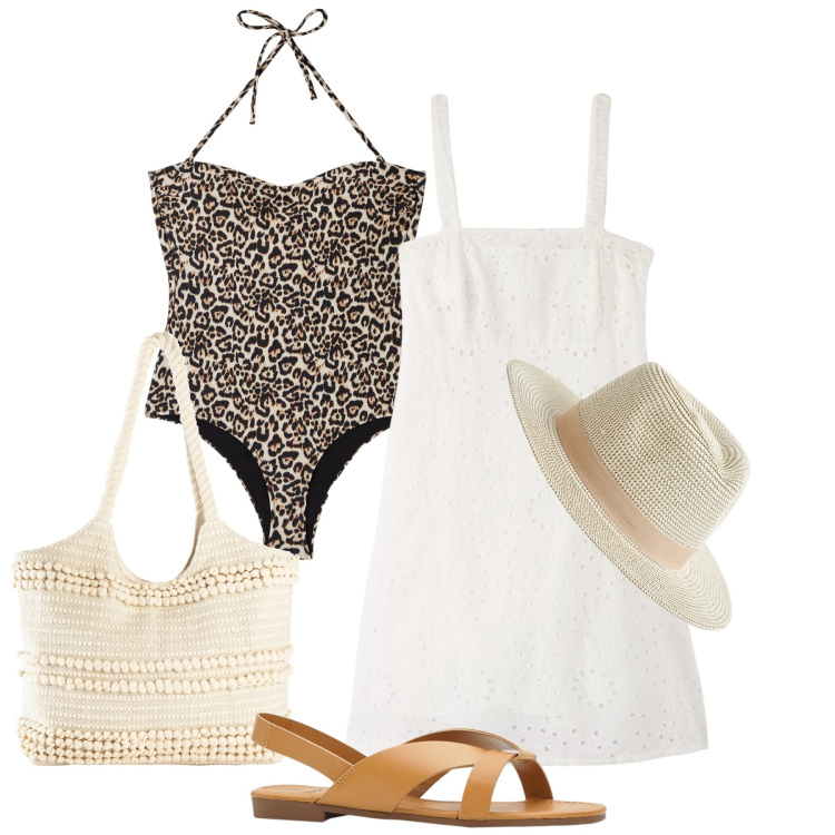 Outfit donna - Ghost outfitter - giugno. Stile Chic per Mare. Abbinamento con sandali, shopping bag, costumi interi, vestiti corti, cappelli.