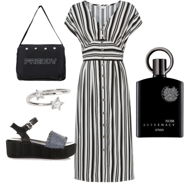 Outfit donna - Total look #1905168. Stile Casual per Ufficio. Abbinamento con vestiti, profumi, anelli, sandali, borse messenger.