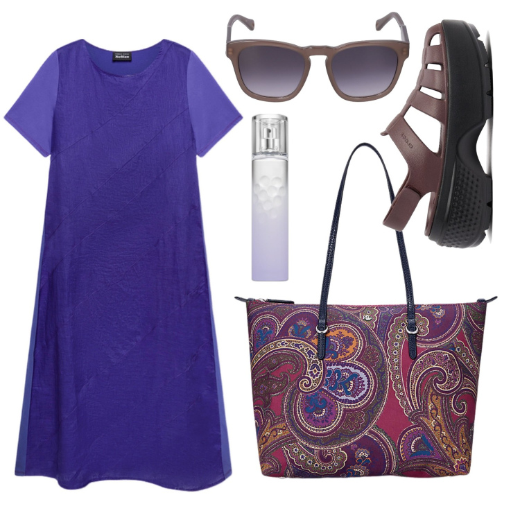 Outfit donna - Improbably violet. Stile Minimal per Tutti i giorni. Abbinamento con profumi, vestiti lunghi, borse tote, sandali, occhiali da sole.