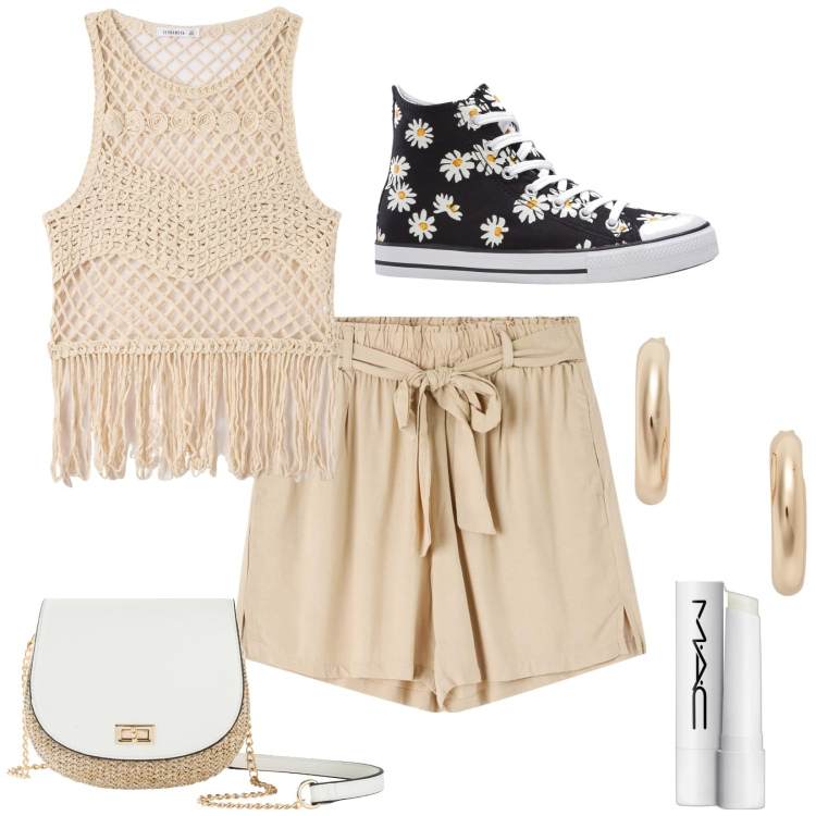 Outfit donna - Total look #1905183. Stile Casual per Tutti i giorni. Abbinamento con sneakers alte, borse a tracolla, gloss, shorts, top, orecchini.