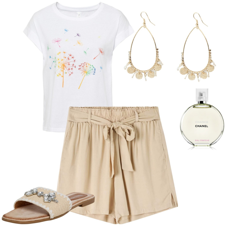 Outfit donna - Total look #1905185. Stile Casual per Tutti i giorni. Abbinamento con t-shirt, profumi, ciabatte, shorts, orecchini.