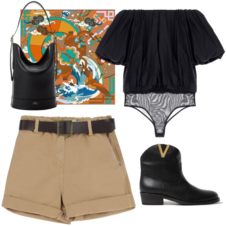 Outfit donna - Total look #1905190. Stile Casual per Tutti i giorni. Abbinamento con shorts, body, borse a secchiello, stivaletti texani, foulard.