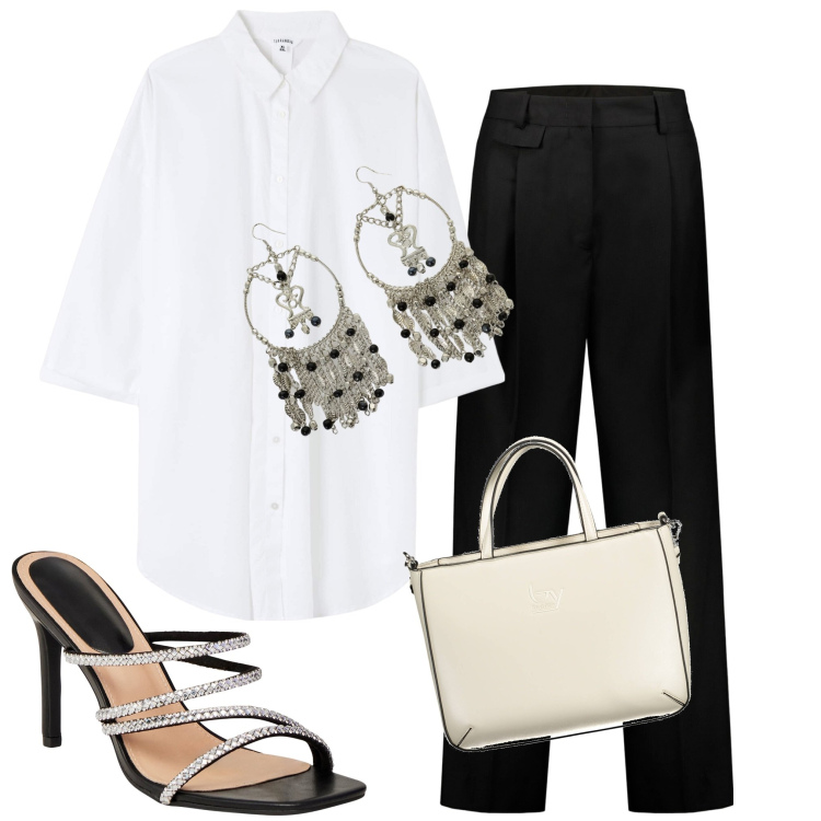Outfit donna - Serata speciale. Stile Casual chic per Serata fuori. Abbinamento con camicie, sandali col tacco, orecchini, pantaloni, borse a spalla.