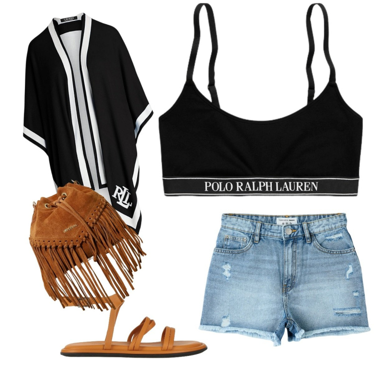 Outfit donna - Passeggiata al mare. Stile Sporty chic per Mare. Abbinamento con sandali in pelle, shorts, borse a secchiello, canottiere, cappe.