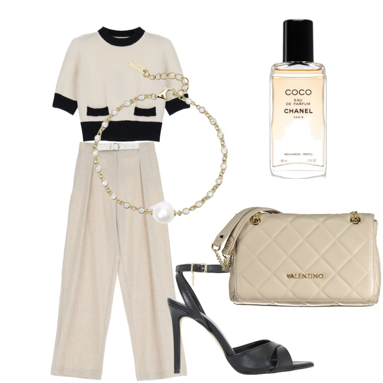 Outfit donna - Squisitamente Chic. Stile Chic per Ufficio. Abbinamento con profumi, braccialetti, pullovers, décolleté, pantaloni, borse a spalla.