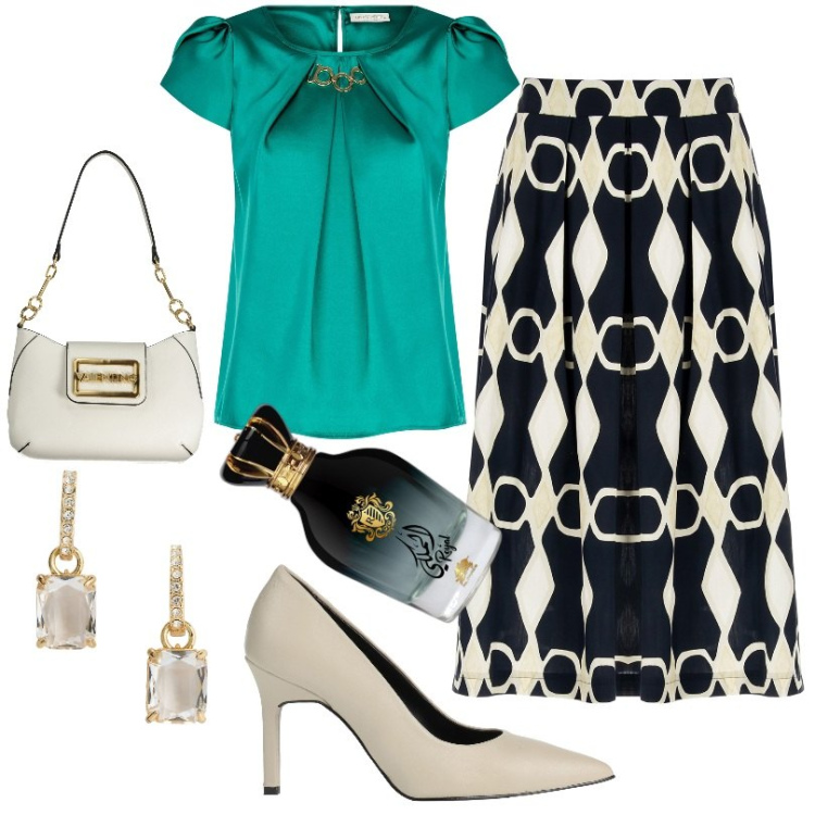 Outfit donna - Ogni nuovo giorno nuove sfide. Stile Chic per Serata fuori. Abbinamento con décolleté, profumi, bluse, gonne longuette, orecchini, borse a spalla.