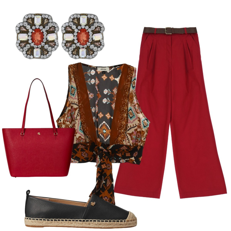 Outfit donna - In città. Stile Chic per Tutti i giorni. Abbinamento con borse tote, espadrillas, pantaloni a palazzo, top, orecchini.