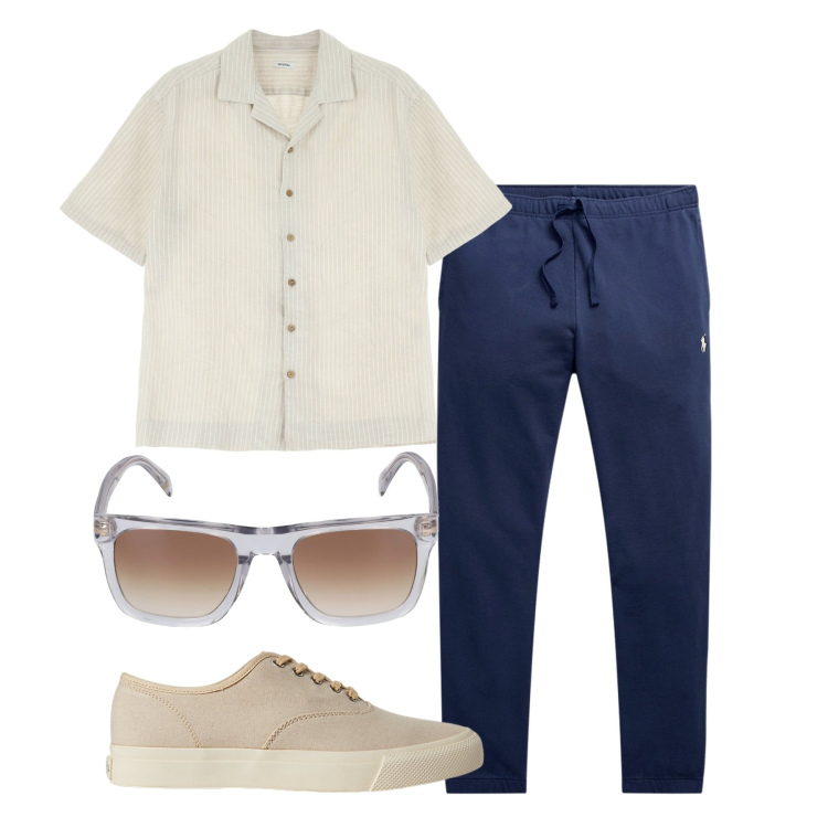 Outfit uomo - City. Stile Casual per Tutti i giorni. Abbinamento con camicie a manica corta, sneakers, pantaloni, occhiali da sole.