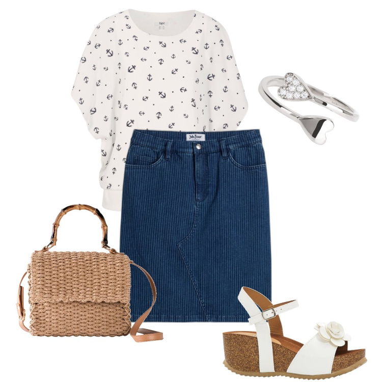 Outfit donna - La gonna gessata. Stile Casual chic per Tutti i giorni. Abbinamento con sandali, gonne, bluse, borse a mano, anelli.