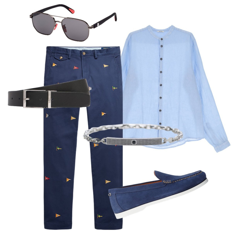 Outfit uomo - Total look #1905290. Stile Business/Elegante per Ufficio. Abbinamento con braccialetti, camicie, scarpe stringate, pantaloni chino, occhiali da sole, cinture.