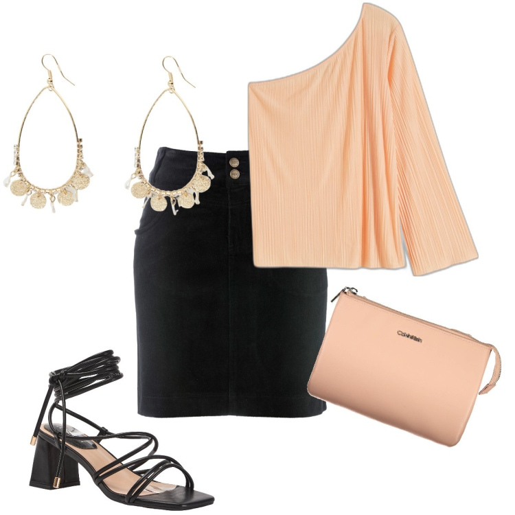 Outfit donna - La blusa monospalla. Stile Bon Ton per Serata fuori. Abbinamento con gonne lunghe, bluse, sandali alla schiava, orecchini, borse a spalla.