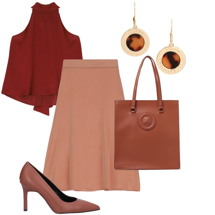 Outfit donna - Colori caldi d’estate. Stile Bon Ton per Serata fuori. Abbinamento con décolleté, gonne longuette, canottiere, orecchini, borse a spalla.