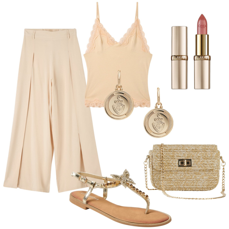 Outfit donna - Pranzo sul lago. Stile Glamour per Tutti i giorni. Abbinamento con borse a mano, rossetti, pantaloni, sandali gioiello, top, orecchini.