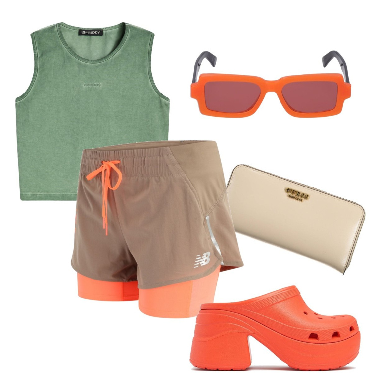 Outfit donna - Gli shorts sportivi. Stile Sporty chic per Tutti i giorni. Abbinamento con pantaloni corti, top, zoccoli, occhiali da sole, portafogli.