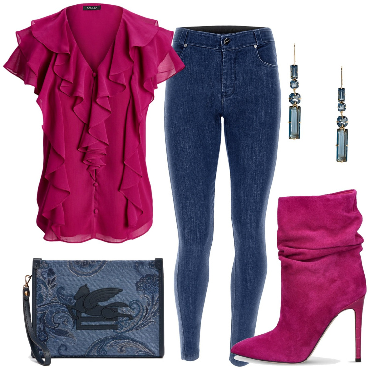 Outfit donna - Ciclamino e jeans. Stile Boho per Tutti i giorni. look ideale per Petite. Abbinamento con jeans skinny, camicie a manica corta, orecchini, stivaletti, clutch.