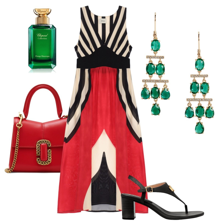 Outfit donna - Gli orecchìni verde smeraldo. Stile Trendy per Serata fuori. Abbinamento con profumi, sandali in pelle, orecchini, vestiti lunghi, borse a mano.