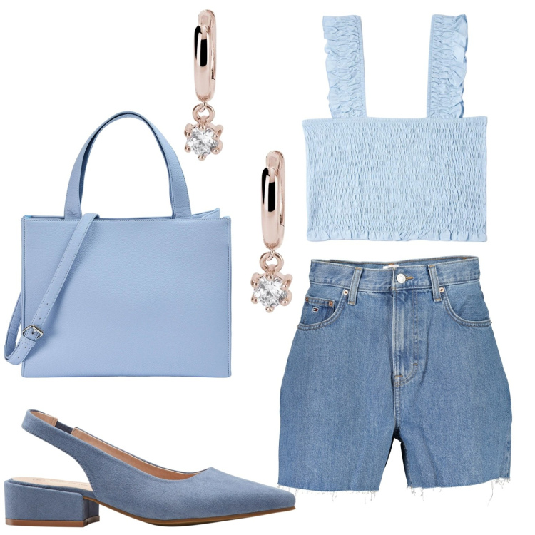 Outfit donna - Top e short. Stile Casual per Tutti i giorni. look ideale per Petite. Abbinamento con décolleté, top, shopping bag, orecchini, jeans.