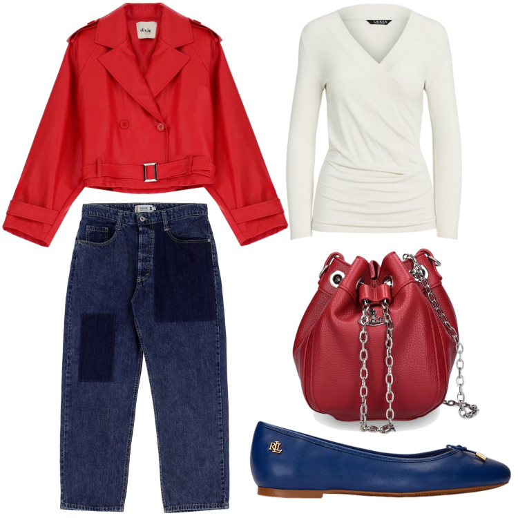 Outfit donna - Stile parisienne. Stile Boho per Tutti i giorni. look ideale per Petite. Abbinamento con jeans dritti, ballerine, top, blazer, borse a mano.