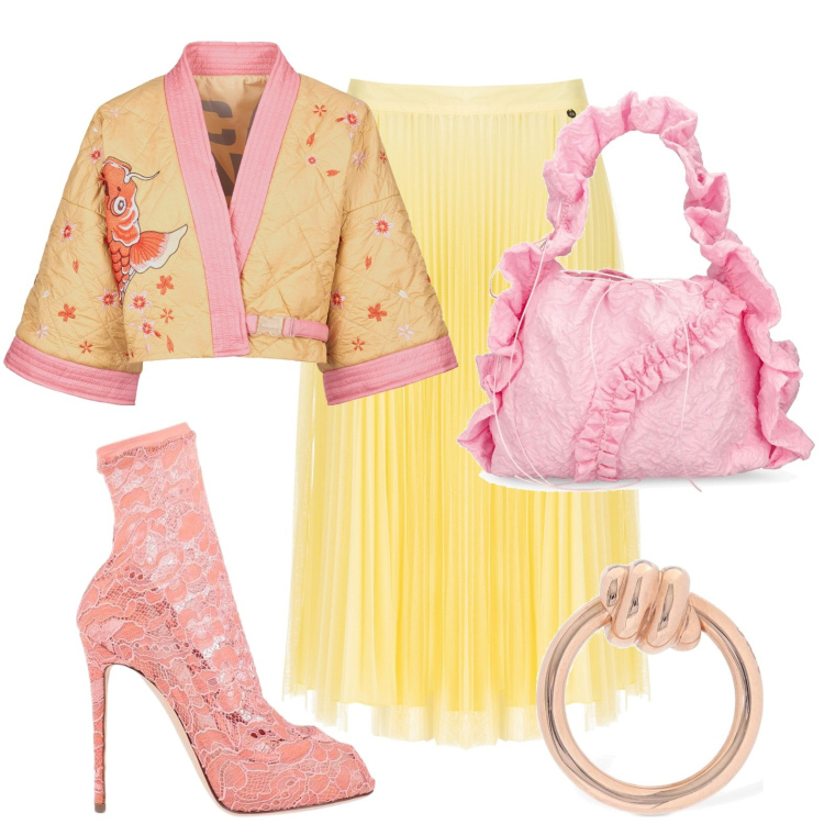 Outfit donna - Fascinosa in chimono. Stile Basic per Tutti i giorni. look ideale per Petite. Abbinamento con stivaletti, gonne longuette, kimono, orecchini, borse a mano.