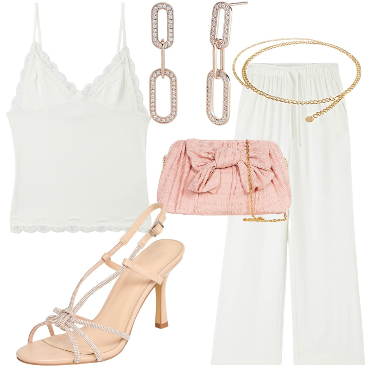 Outfit donna - Eleganza minimal. Stile Boho per Tutti i giorni. look ideale per Petite. Abbinamento con cinture, pantaloni, sandali col tacco, top, orecchini, pochette.