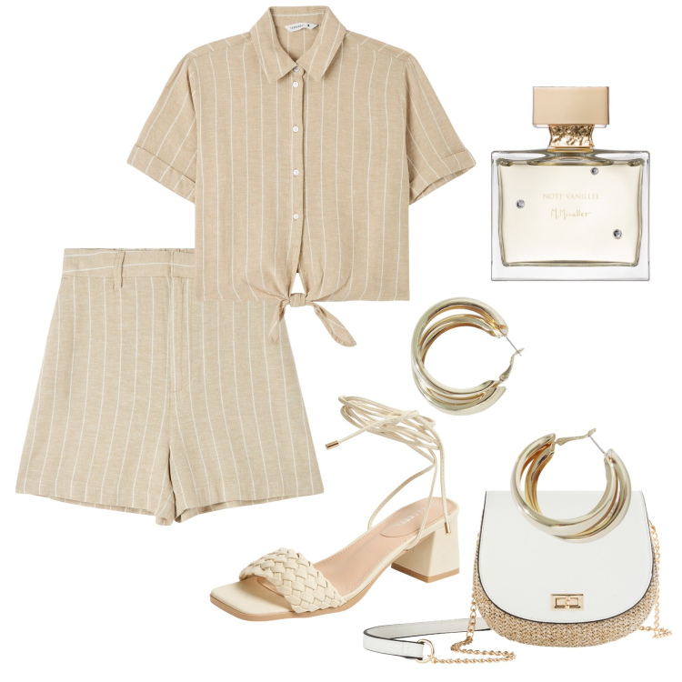 Outfit donna - Neutra e luminosa. Stile Trendy per Tutti i giorni. Abbinamento con borse a tracolla, profumi, bermuda, camicie a manica corta, sandali alla schiava, orecchini.