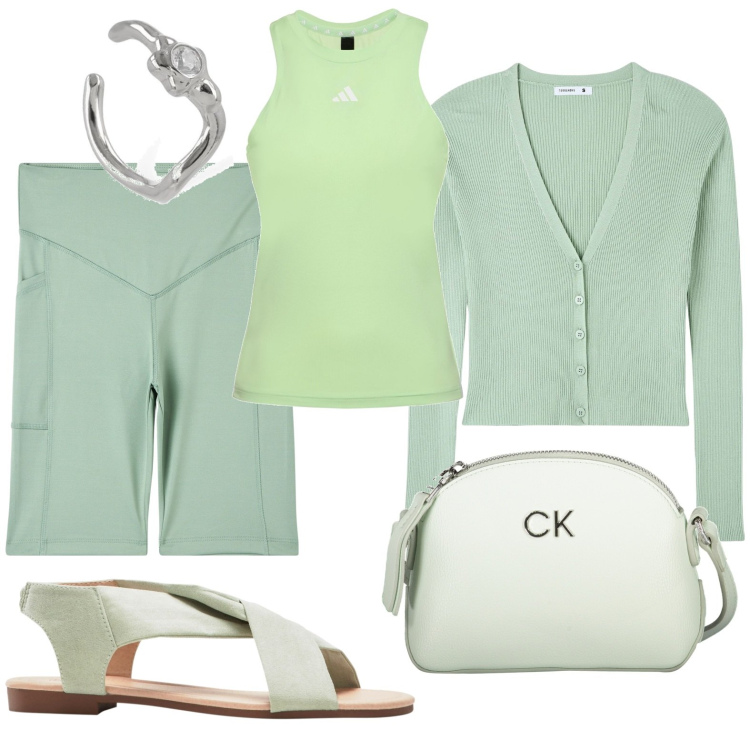 Outfit donna - Passeggiata. Stile Boho per Tutti i giorni. look ideale per Petite. Abbinamento con sandali, leggings, cardigans, canottiere, borse a tracolla, orecchini.