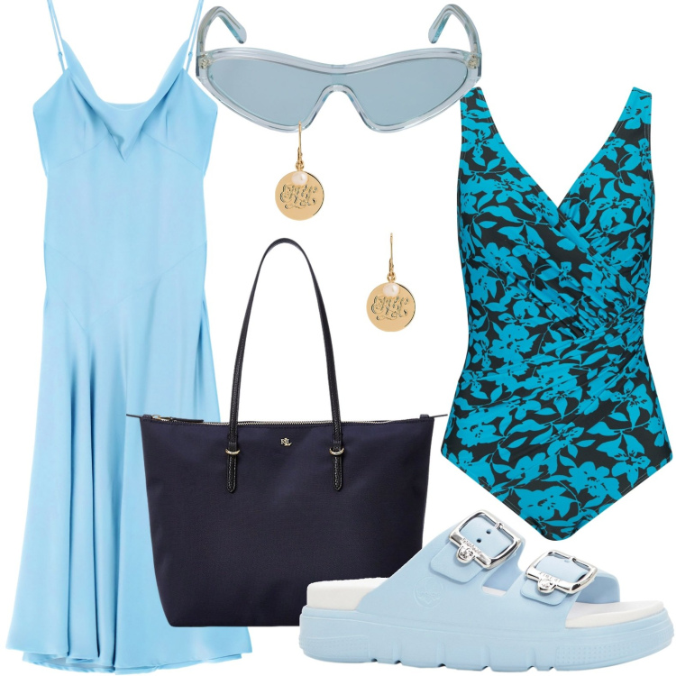 Outfit donna - Pomeriggio in piscina. Stile Casual per Tutti i giorni. look ideale per Petite. Abbinamento con costumi interi, ciabatte, vestiti lunghi, borse tote, orecchini, occhiali da sole.