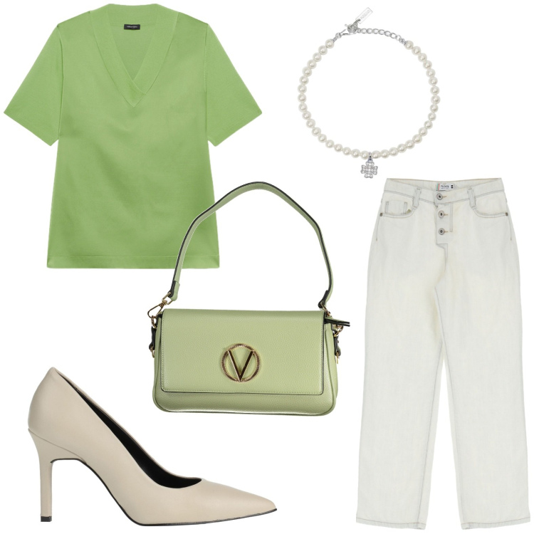 Outfit donna - Al parco. Stile Bon Ton per Tutti i giorni. look ideale per Petite. Abbinamento con décolleté, pantaloni, braccialetti con ciondoli, maglieria, borse a spalla.