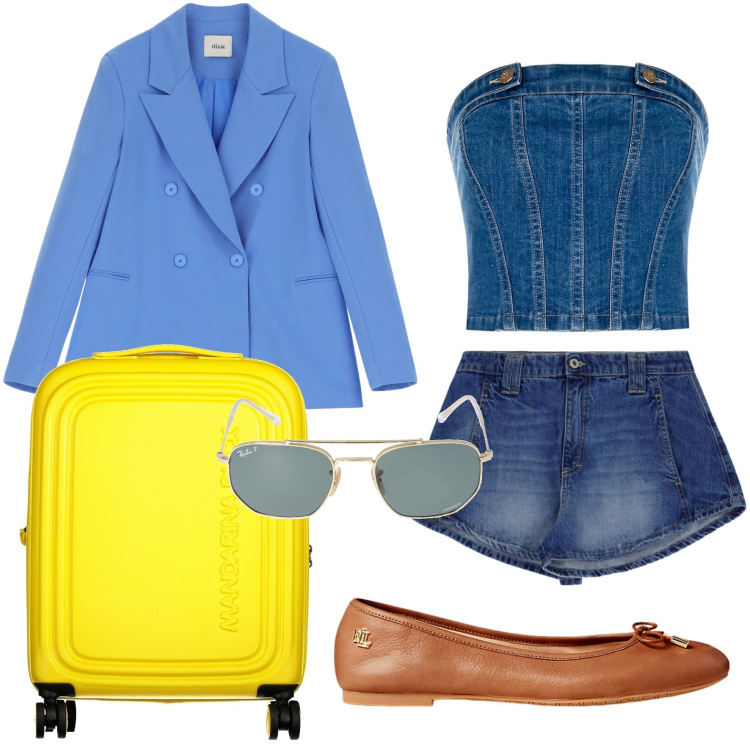 Outfit donna - In vacanza. Stile Basic per Tutti i giorni. look ideale per Petite. Abbinamento con top, shorts, blazer, ballerine, valigie, occhiali da sole.
