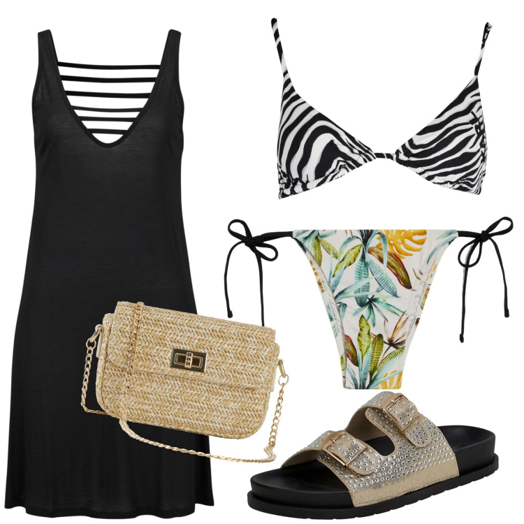 Outfit donna - Bikini mismatch. Stile Trendy per Mare. Abbinamento con vestiti da spiaggia, borse a mano, ciabatte, bikini, costumi.
