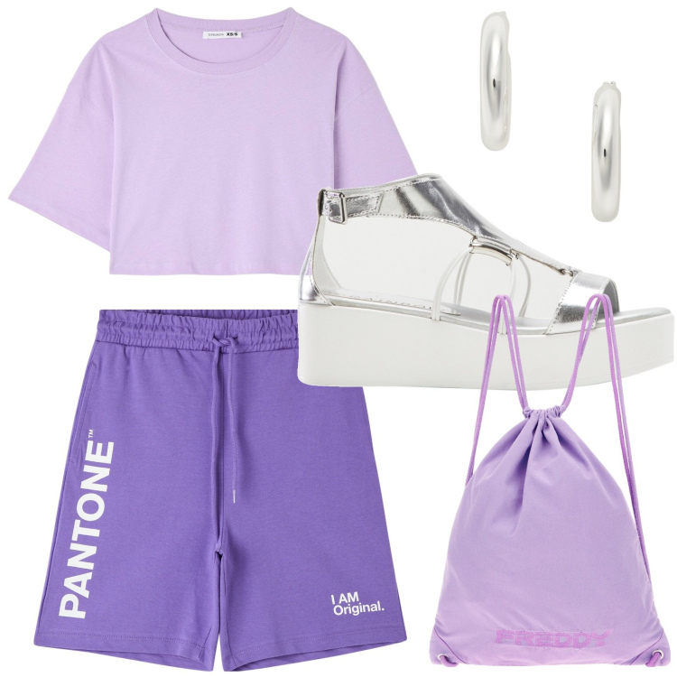 Outfit donna - Sporty. Stile Basic per Tutti i giorni. look ideale per Petite. Abbinamento con sandali col tacco, bermuda, t-shirt, zaini, orecchini.