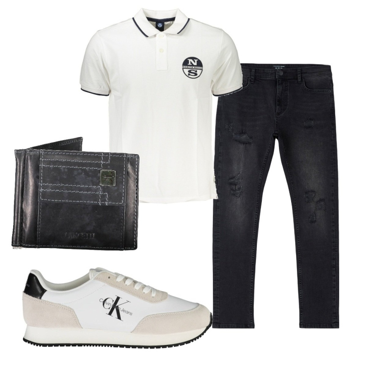 Outfit uomo - Look firmato di giorno. Stile Trendy per Tutti i giorni. Abbinamento con jeans strappati, portafogli, sneakers, polo.