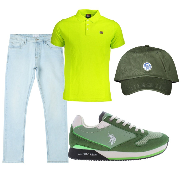 Outfit uomo - Total look #1905445. Stile Casual per Tutti i giorni. Abbinamento con jeans dritti, scarpe sportive, polo, cappelli con visiera.
