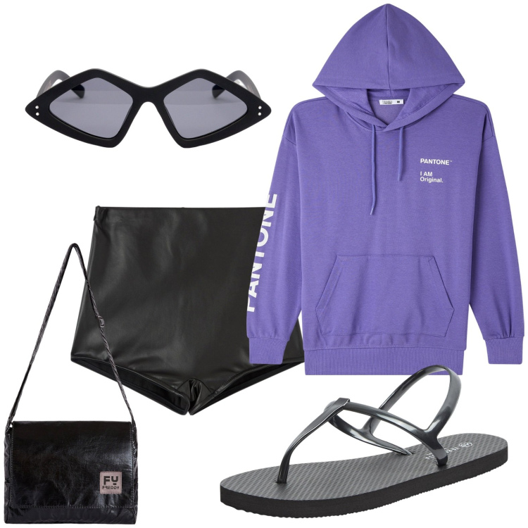 Outfit donna - Short. Stile Boho per Tutti i giorni. look ideale per Petite. Abbinamento con shorts, sandali, felpe con cappuccio, borse a tracolla, occhiali da sole.