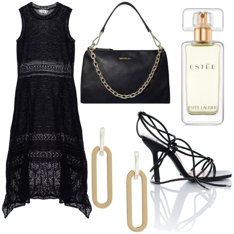 Outfit donna - Total look #1905463. Stile Chic per Serata fuori. Abbinamento con profumi, vestiti lunghi, sandali alla schiava, pochette, orecchini.