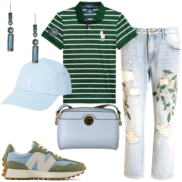 Outfit donna - Casual. Stile Casual per Tutti i giorni. Abbinamento con sneakers, jeans boyfriend, cappelli, orecchini, polo, borse a tracolla.