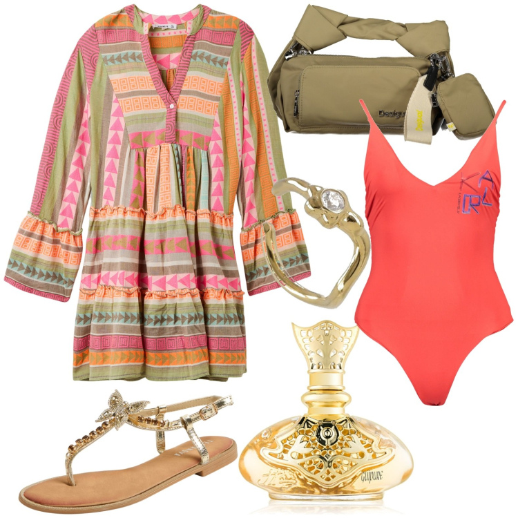 Outfit donna - Al mare. Stile Casual per Tutti i giorni. Abbinamento con profumi, vestiti, sandali gioiello, costumi interi, borse a spalla, orecchini.