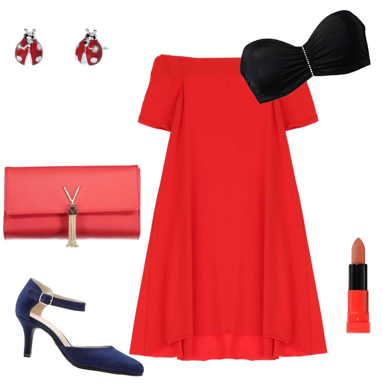 Outfit donna - Serata offshoulders. Stile Bon Ton per Serata fuori. Abbinamento con décolleté, reggiseni a balconcino, rossetti, orecchini, vestiti corti, borse a mano.