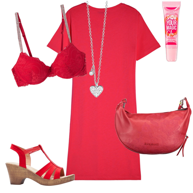 Outfit donna - Caffe al bar in rosso. Stile Urban per Tutti i giorni. Abbinamento con sandali, gloss, reggiseni a balconcino, collane, vestiti, borse a spalla.