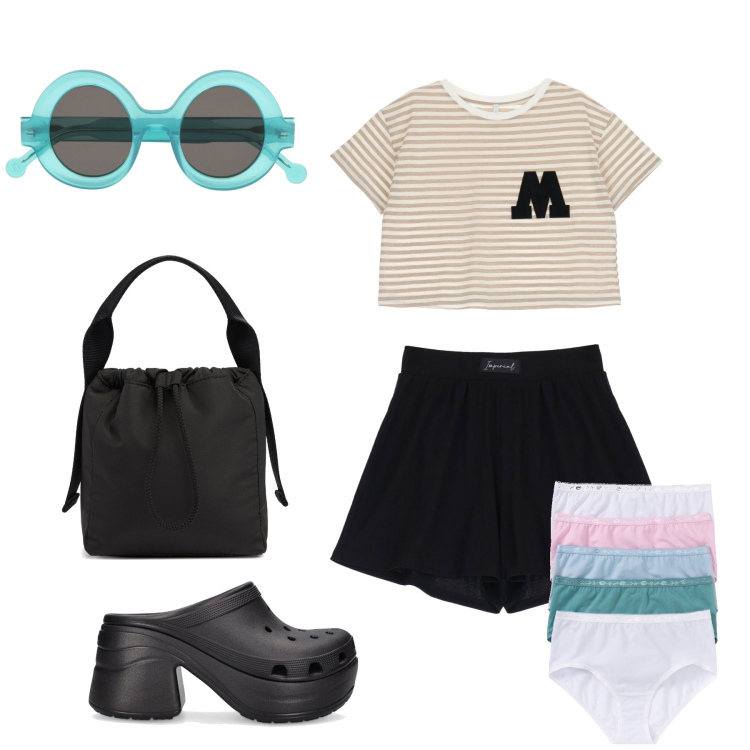 Outfit donna - Girly total look. Stile Trendy per Tutti i giorni. Abbinamento con slip, shorts, t-shirt, occhiali da sole, zoccoli, borse a mano.