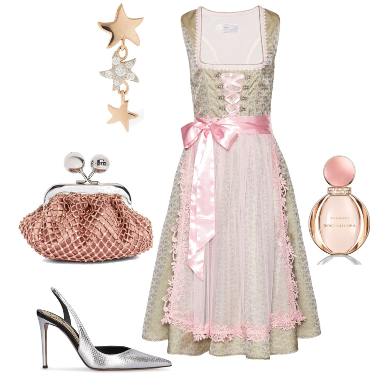 Outfit donna - Cenerentola al ballo. Stile Chic per Serata fuori. Abbinamento con vestiti, profumi, orecchini, pochette, décolleté.