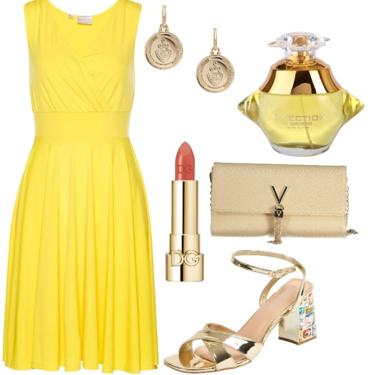 Outfit donna - Total look #1905488. Stile Chic per Cerimonia. Abbinamento con vestiti, profumi, rossetti, sandali gioiello, orecchini, borse a mano.