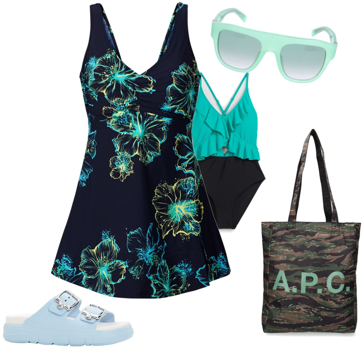 Outfit donna - Mare a volants. Stile Trendy per Mare. Abbinamento con vestiti da spiaggia, costumi interi, ciabatte, shopping bag, occhiali da sole.