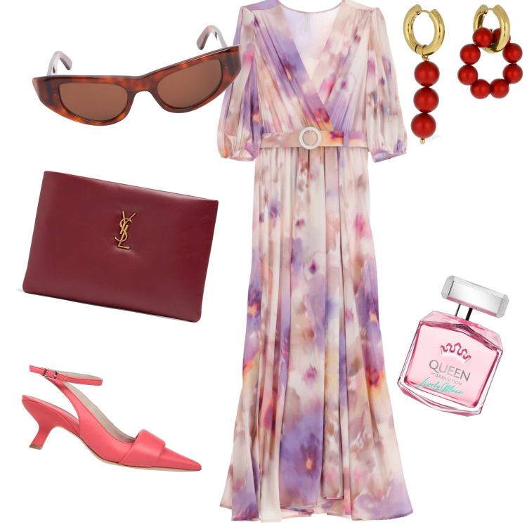 Outfit donna - Matrimonio di domenica. Stile Chic per Cerimonia. Abbinamento con décolleté, profumi, vestiti lunghi, orecchini, pochette, occhiali da sole.