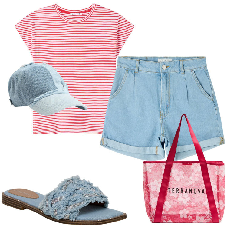 Outfit donna - Pomeriggio al lago. Stile Casual per Tutti i giorni. Abbinamento con shopping bag, t-shirt, shorts, cappelli, ciabatte.