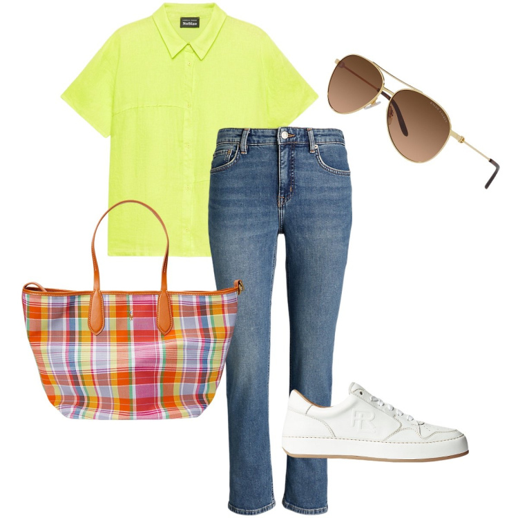 Outfit donna - Giallo flou. Stile Casual chic per Tutti i giorni. Abbinamento con occhiali da sole, jeans dritti, sneakers, borse tote, camicie a manica corta.