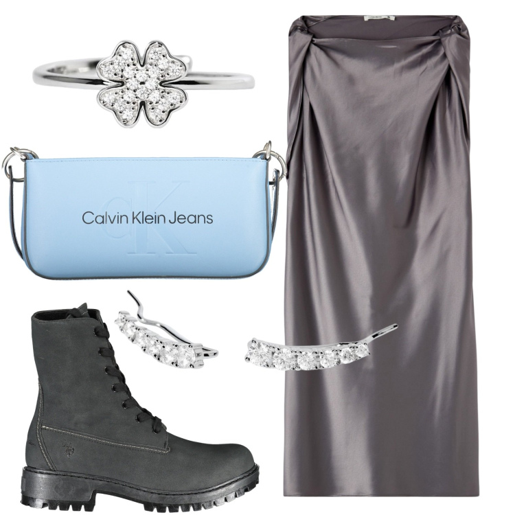 Outfit donna - In città. Stile Casual per Tutti i giorni. look ideale per Petite. Abbinamento con vestiti corti, anelli, orecchini, stivali, borse a spalla.