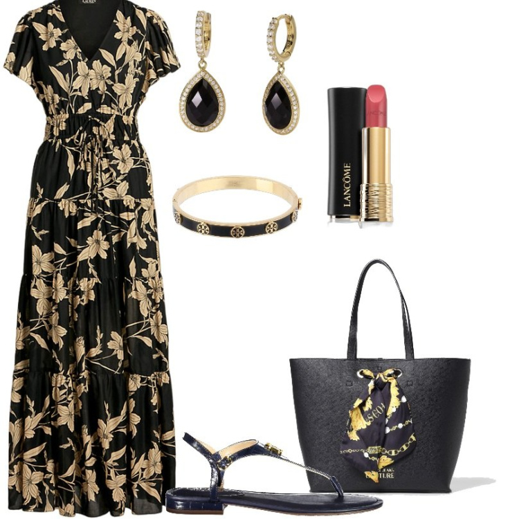 Outfit donna - Maxiabito a balze. Stile Chic per Tutti i giorni. Abbinamento con rossetti, orecchini, vestiti lunghi, braccialetti, infradito, borse a spalla.