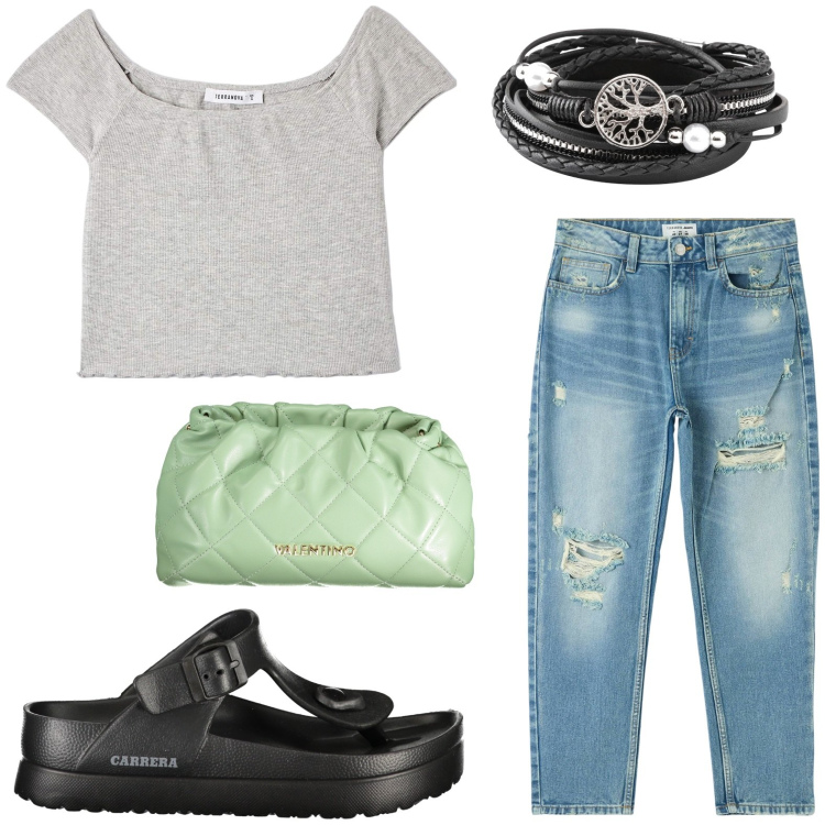 Outfit donna - Jeans. Stile Boho per Tutti i giorni. look ideale per Petite. Abbinamento con braccialetti, jeans mom, t-shirt, infradito, borse a spalla.